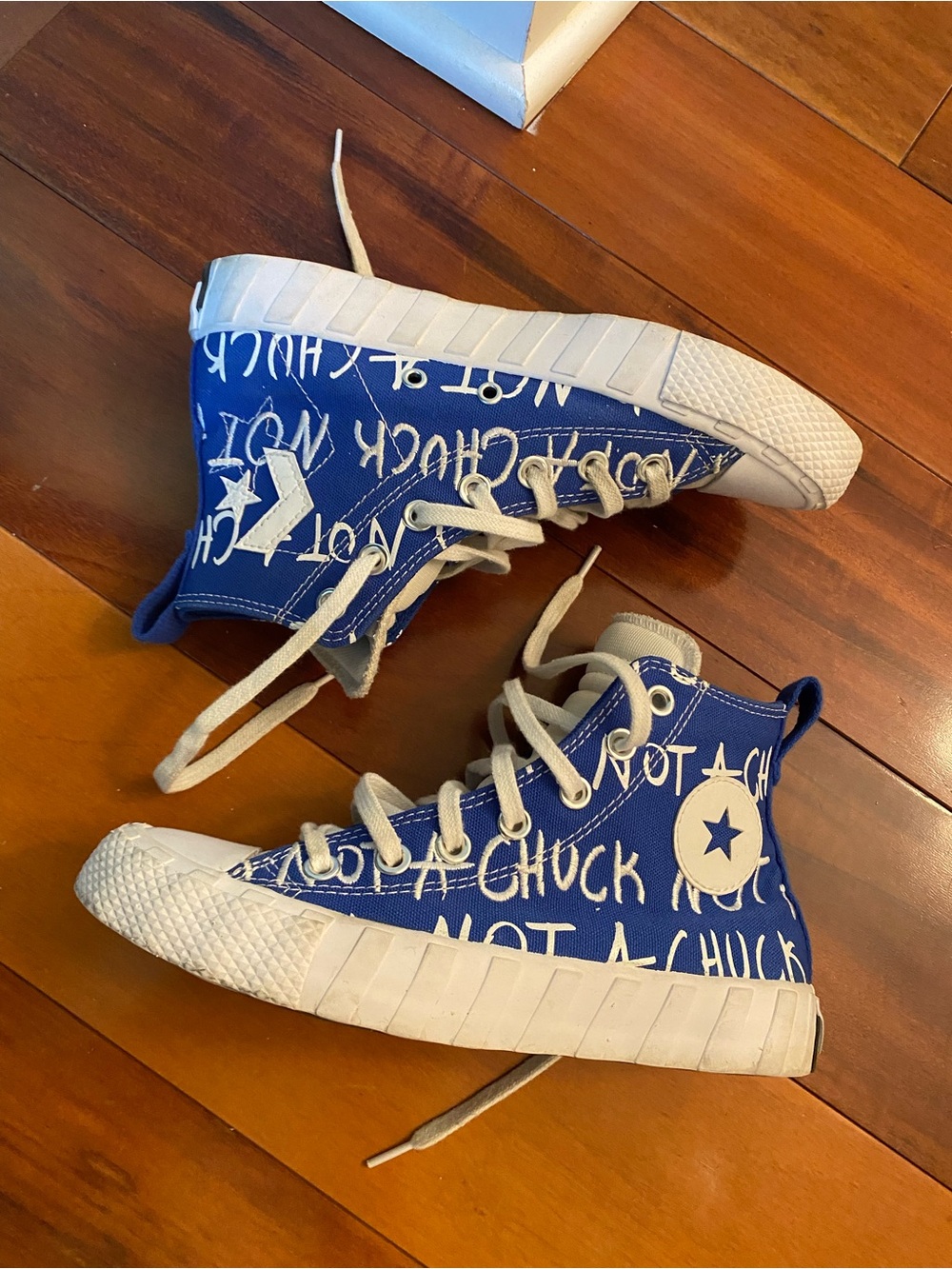 ‘Not A Chuck’ Converse Hi-Top Sneakers in Blue with White Star Accent.  Size 4